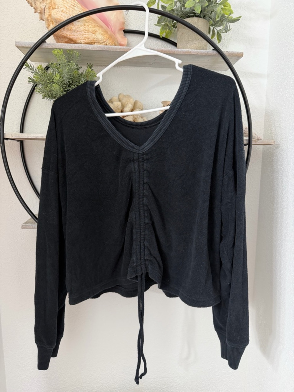 American Eagle Outfitters Black V-Neck Cinch-Front Sweatshirt